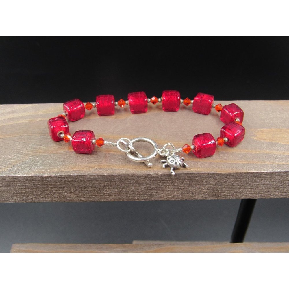 7" Sterling Silver Red Glass And Lady Bug Charm Bracelet Vintage Elegant